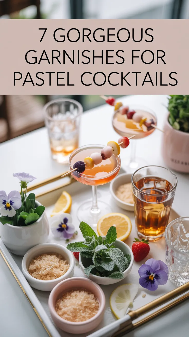 Level up your cocktail game with these gorgeous pastel garnish ideas—edible flowers, sugared herbs, and fruit skewers that will make your drinks totally Pin-worthy 💐✨ #GarnishGoals #CocktailDecor #PastelPartyIdeas