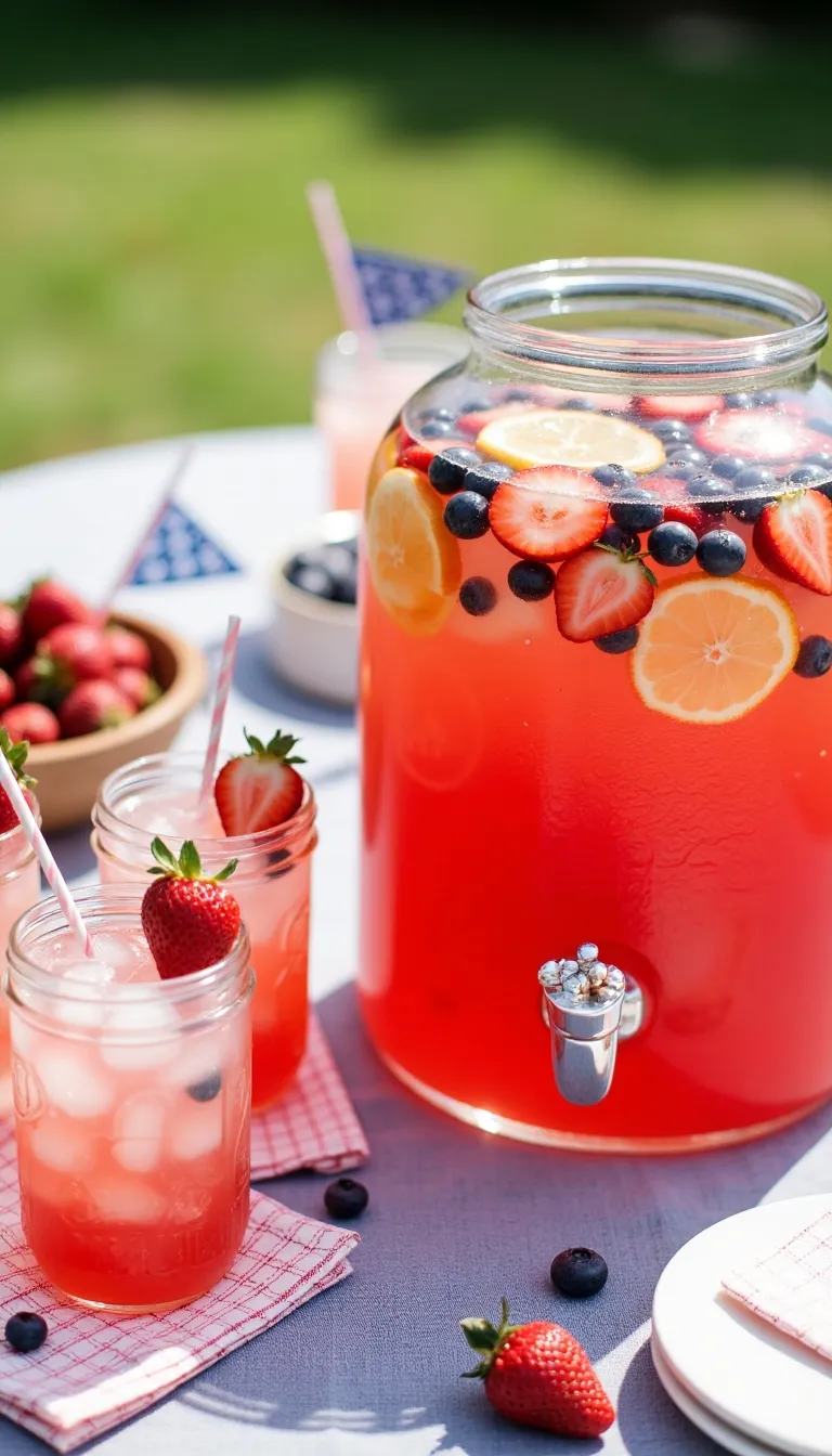 This easy-batch cocktail is a backyard BBQ hero. The Patriotic Punch combines vodka, fruit juices, and bubbles with red and blue fruit floating in the mix. It’s colorful, refreshing, and perfect for serving in pitchers or dispensers.