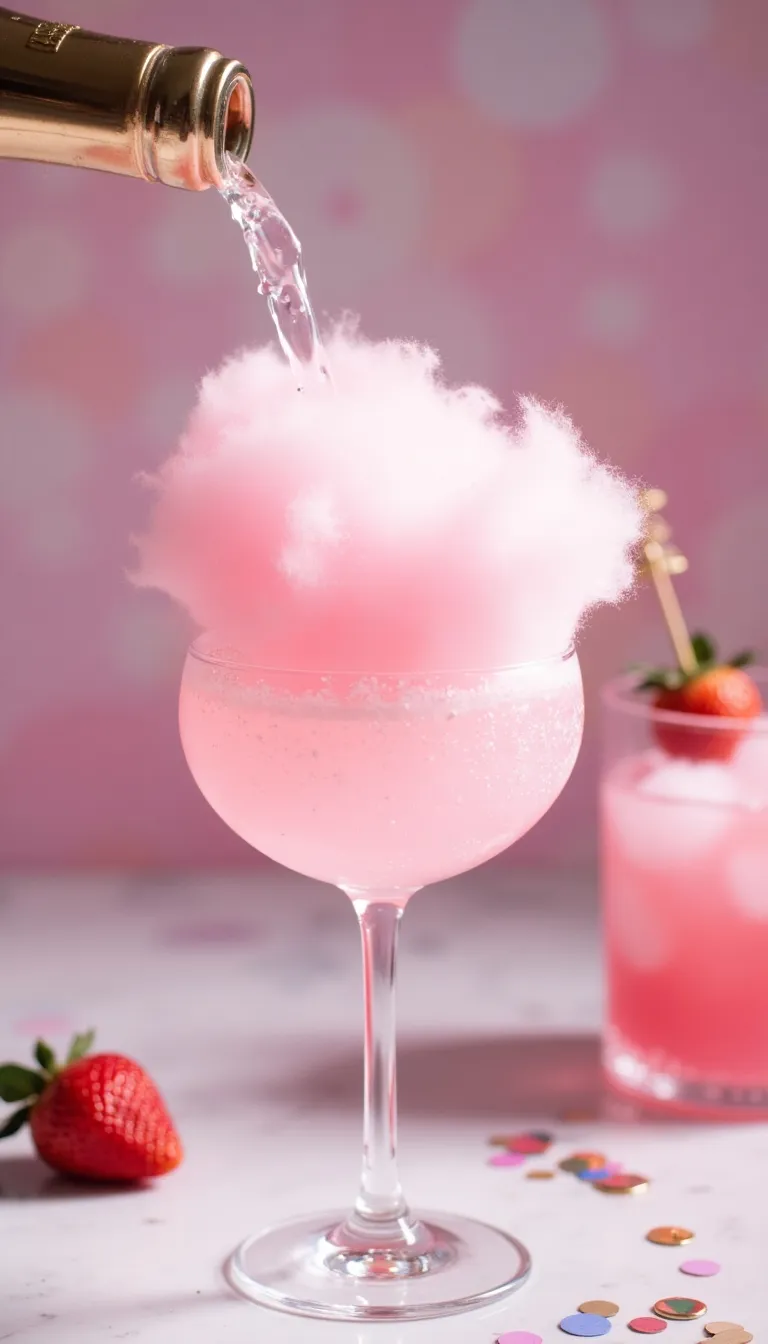 This cocktail is part drink, part magic trick. The Strawberry Cotton Candy Champagne combines vodka and strawberry syrup, poured over a puff of cotton candy that melts before your eyes. Topped with pink bubbly, it’s guaranteed to steal the show.