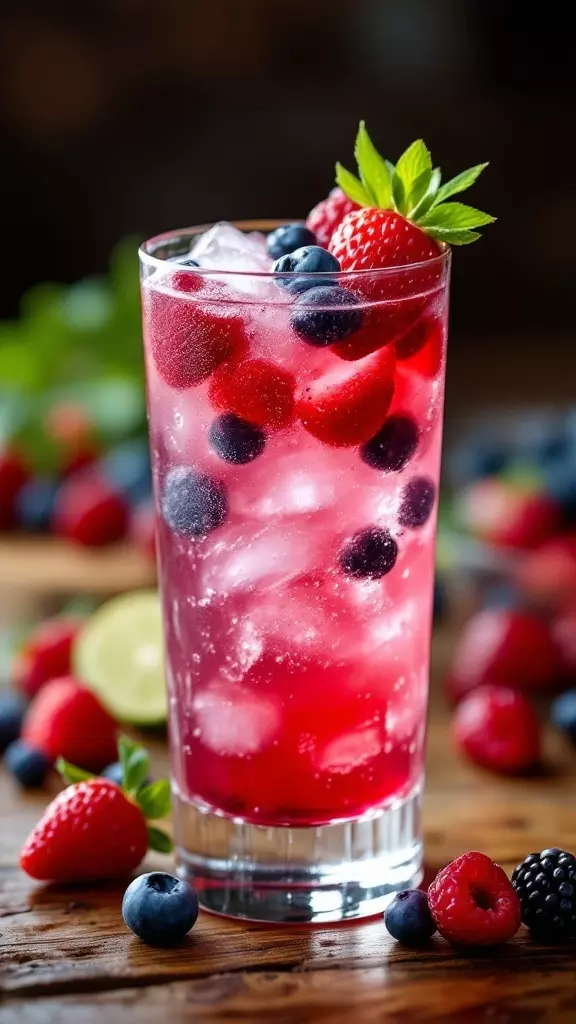 A refreshing Berry Blast Vodka Spritzer filled with ice and fresh berries.