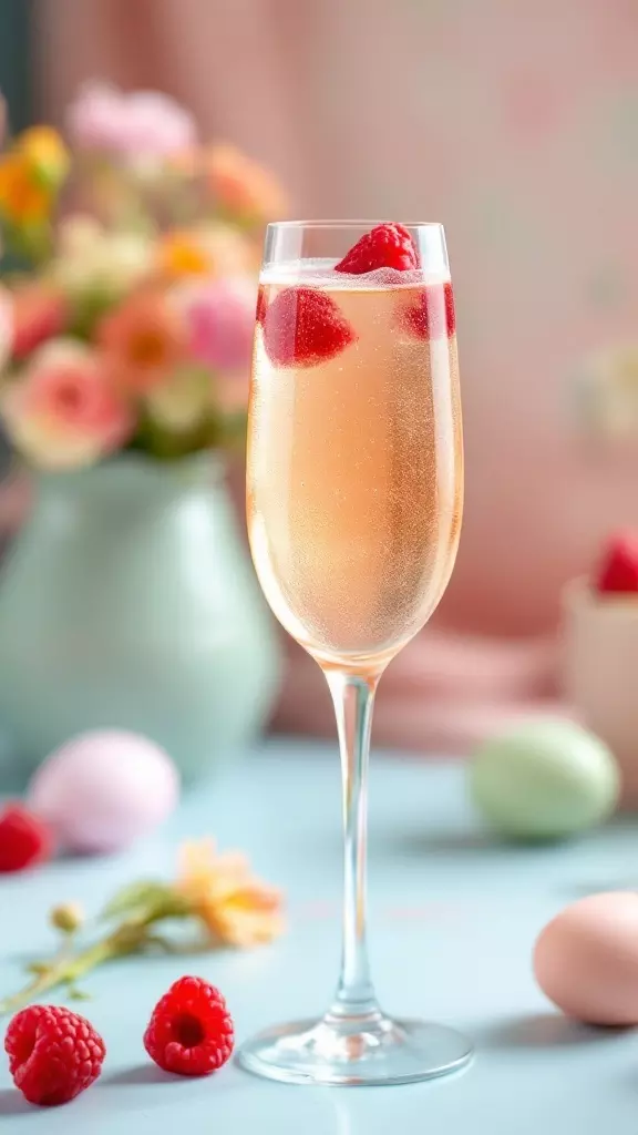 The Bunny Bellini is a fun twist on the classic cocktail, perfect for your spring brunch. Made with sweet peach puree and bubbly prosecco, it’s light and refreshing. Top it off with some fresh raspberries for a festive touch!