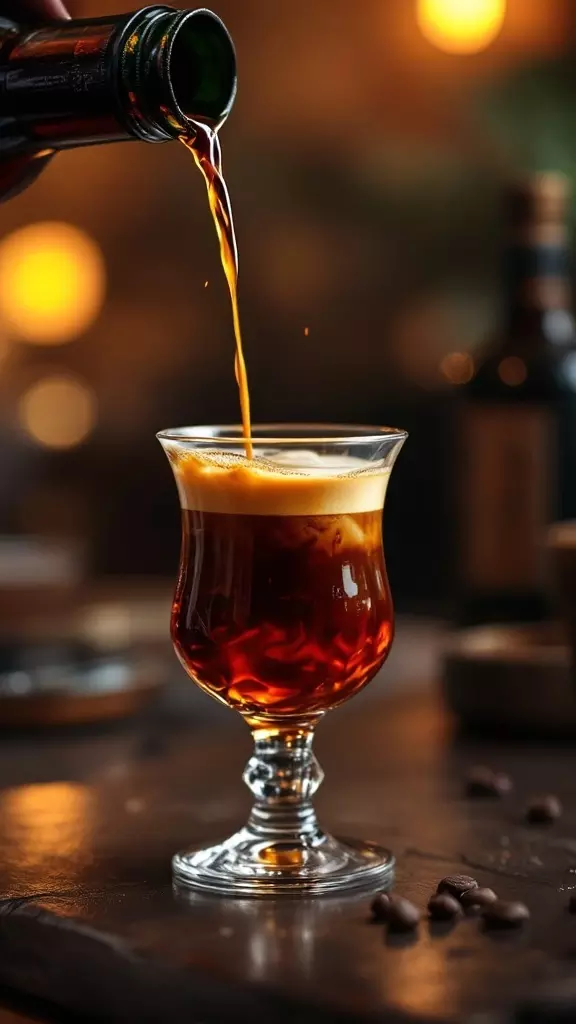 A Carajillo cocktail being poured into a glass with coffee and Licor 43.