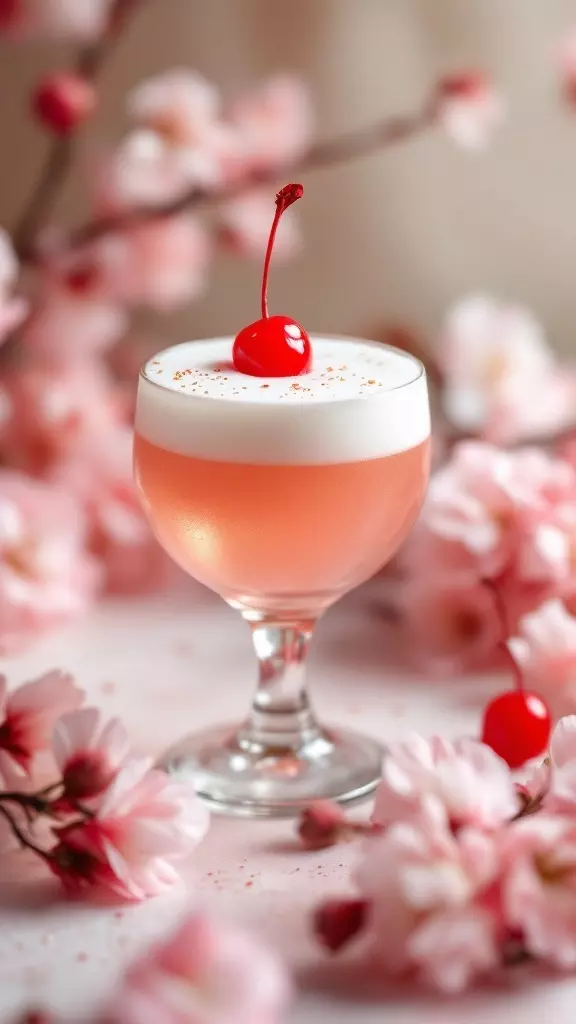 The Cherry Blossom Sour is a delightful mix of sweet and tangy flavors that will brighten any gathering. Its stunning pink hue, topped with a cherry, makes it as pretty as it is tasty. Sip on this cocktail and enjoy a little taste of spring, no matter the season!