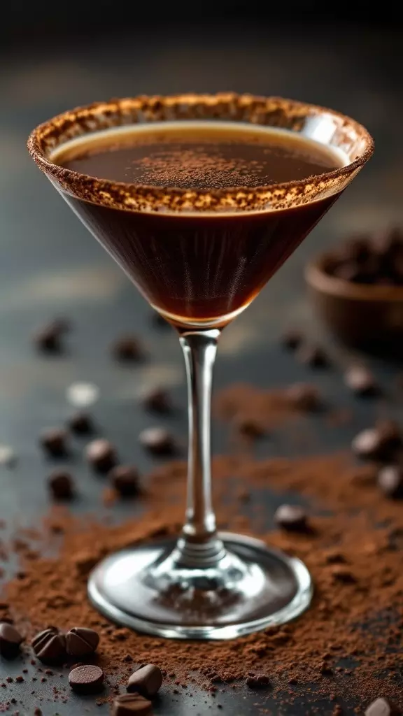 A Chocolate Espresso Vodka Martini elegantly garnished with a chocolate rim and surrounded by coffee beans.