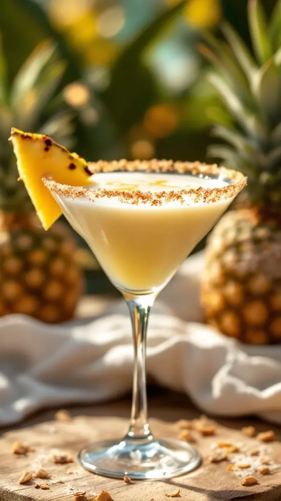 Coconut Pineapple Martini with a slice of pineapple and a toasted coconut rim.