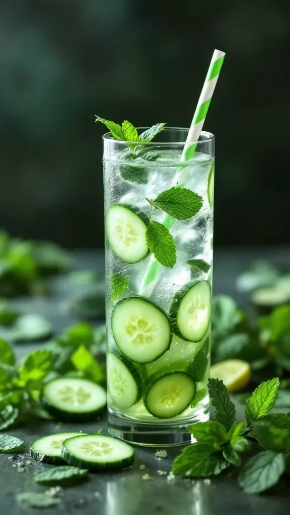 A refreshing cucumber mint cooler cocktail with slices of cucumber and mint leaves.