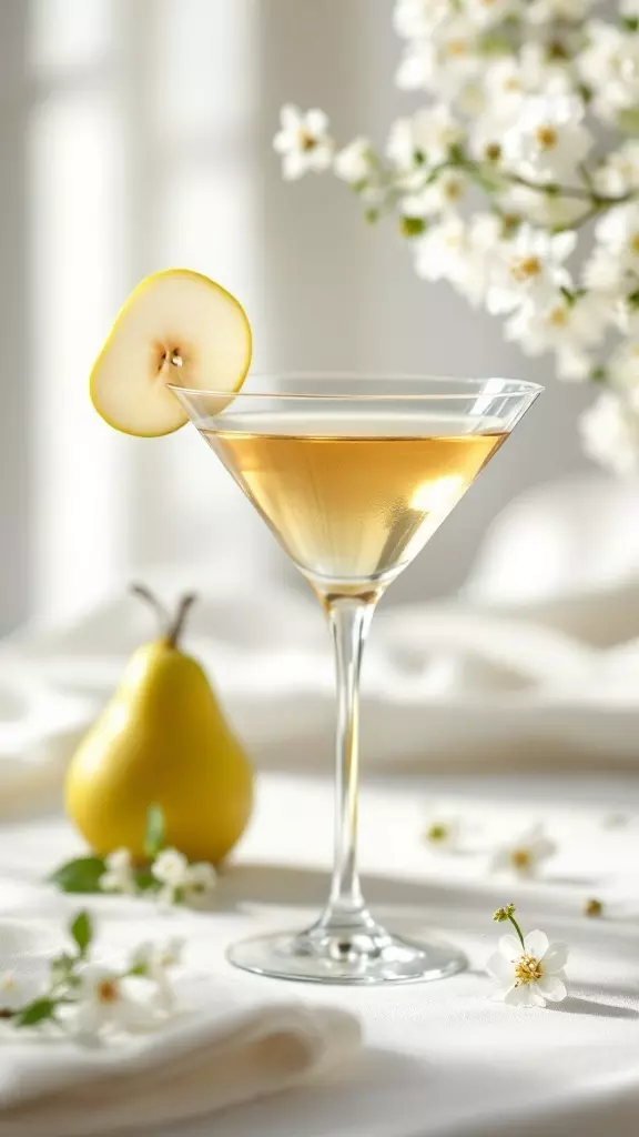 The Elderflower Pear Martini is a refreshing choice for your girl's night in. Its bright, fruity flavor comes from fresh pears and the floral notes of elderflower liqueur. Serve it chilled, and watch your friends enjoy this light and zesty cocktail!