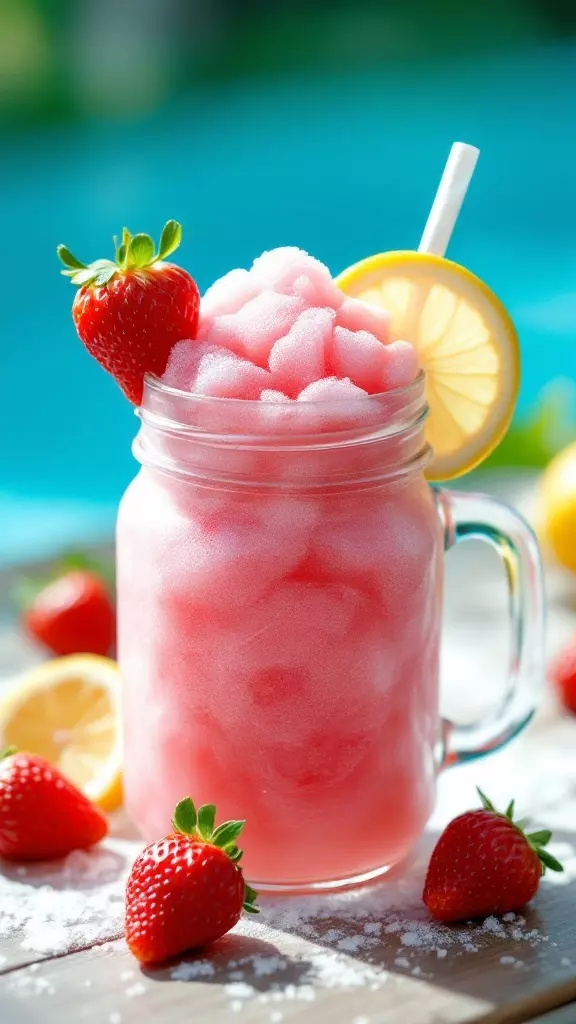 Nothing says summer like a Frozen Strawberry Lemonade Vodka Slush! This drink is a perfect blend of sweet strawberries, tangy lemonade, and a splash of vodka, making it a refreshing treat to cool you down. Serve it in a chilled glass with a slice of lemon and enjoy the sunshine!