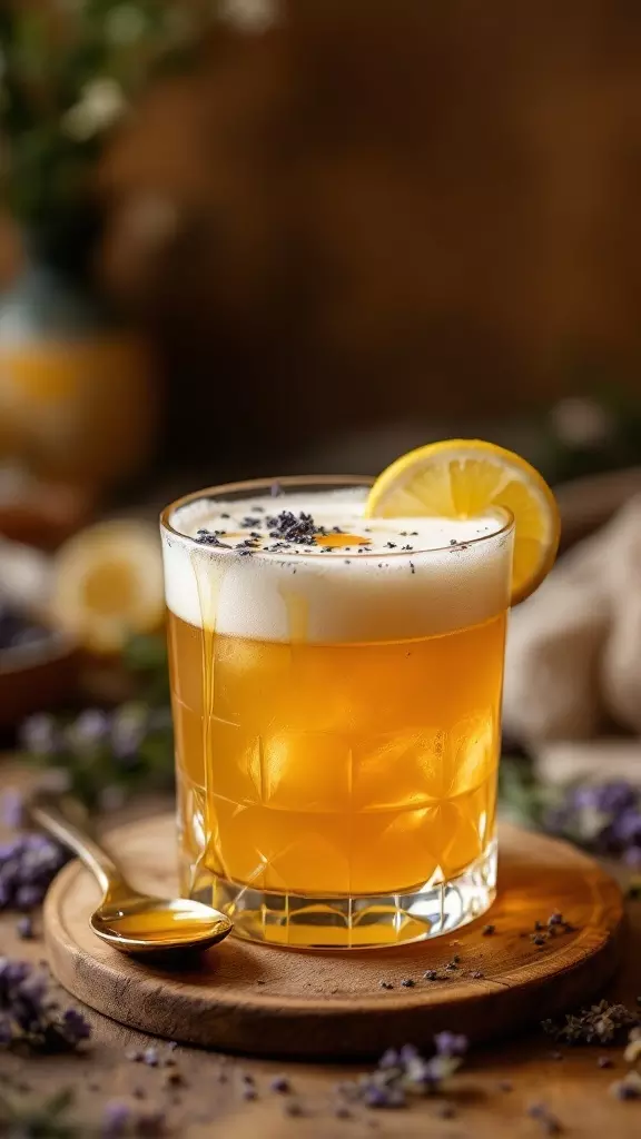 Get ready to sip on something special with this Honey Lavender Whiskey Sour. The sweet honey and fragrant lavender blend perfectly with the whiskey, creating a refreshing drink that’s ideal for a girls' night in. Garnish with a lemon slice and some extra lavender for a charming touch!