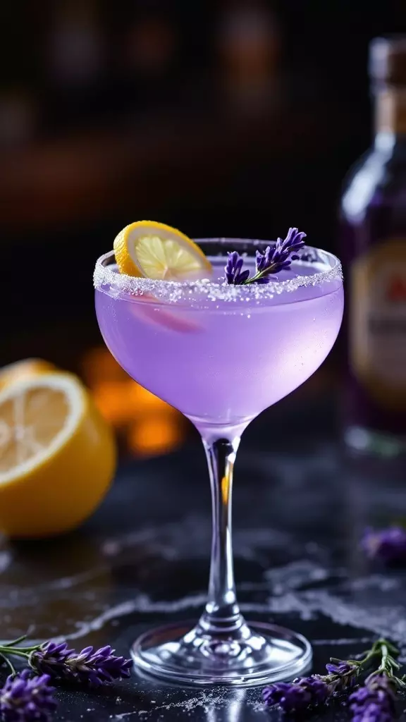 Lavender Lemon Drop Martini with lemon slice and lavender sprig