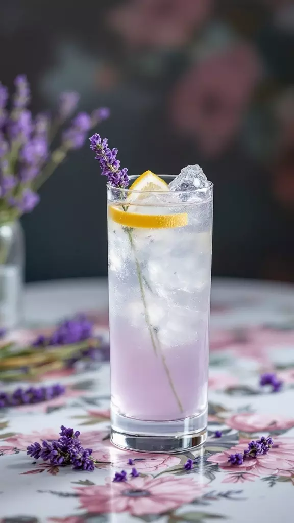 A Lavender Vodka Collins cocktail garnished with lemon and lavender on a floral table.