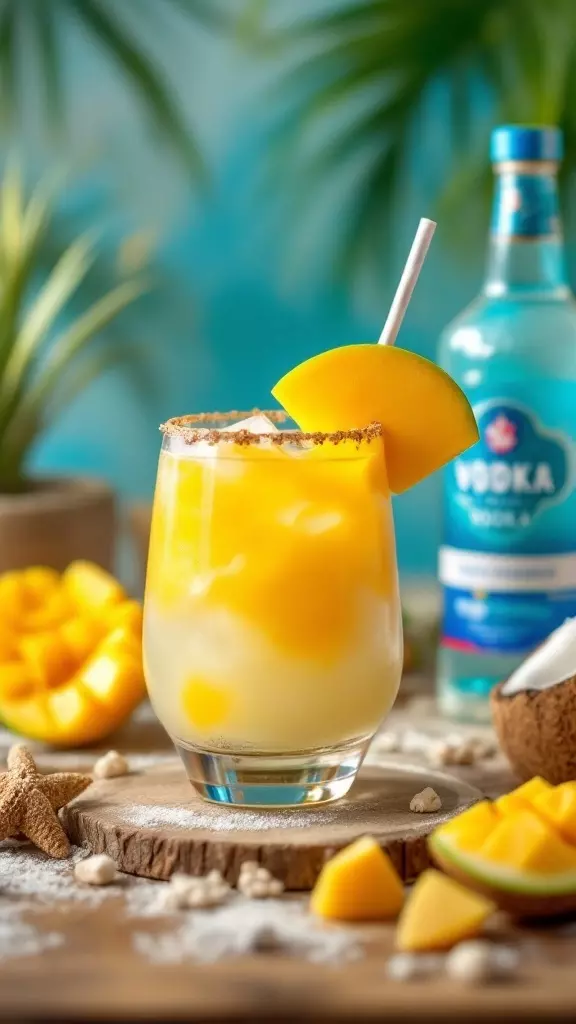 Mango and Coconut Vodka Dream cocktail in a glass with mango slices and coconut