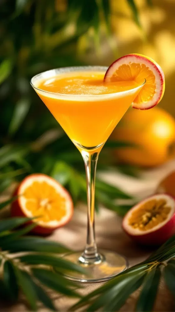 A vibrant Mango Passionfruit Martini garnished with a slice of orange, surrounded by fresh fruits.