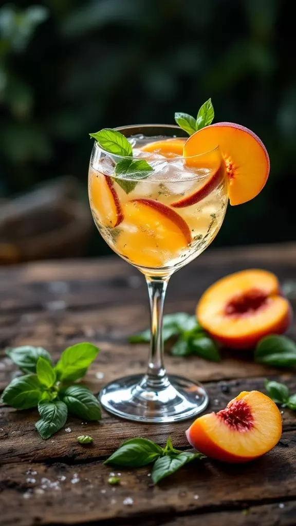 A refreshing Peach Basil Vodka Smash cocktail garnished with peach slices and basil leaves