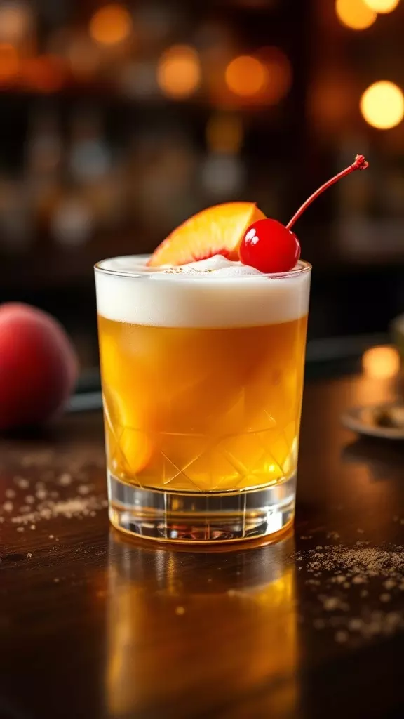 The Peachy Keen Whiskey Sour is a refreshing twist on the classic drink. With juicy peach flavor and a hint of sweetness, it's perfect for sipping with friends. Add a cherry on top, and you've got a cocktail that's as fun to look at as it is to drink!