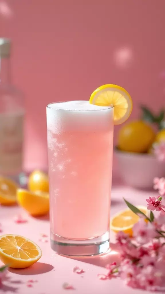 The Pink Gin Fizz is a refreshing twist on a classic cocktail. With its bubbly texture and sweet, tangy flavor, it's perfect for any fun gathering. Garnish it with a slice of lemon to make it even more inviting!