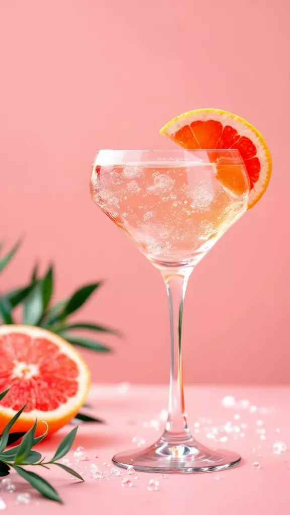 A glass of Pink Grapefruit Vodka Fizz with a grapefruit slice, surrounded by fresh grapefruit halves.