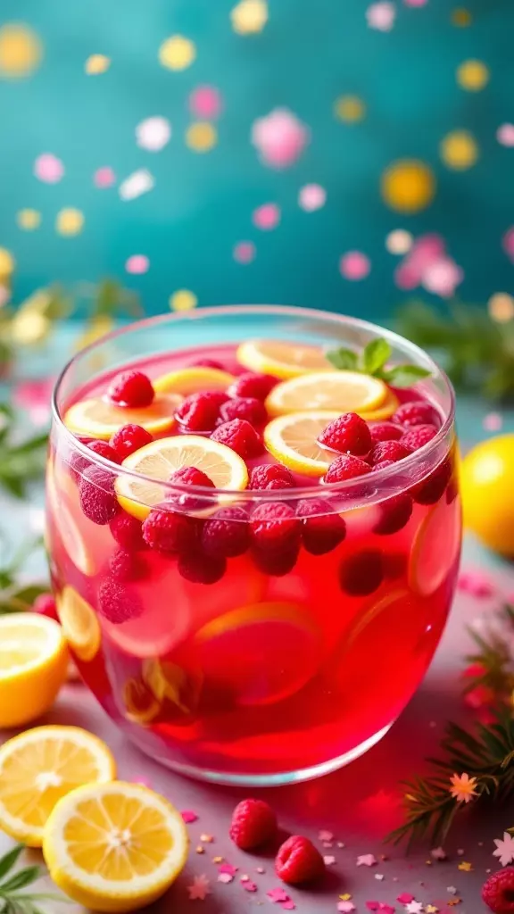 A bowl of Raspberry Lemon Vodka Punch with raspberries and lemon slices