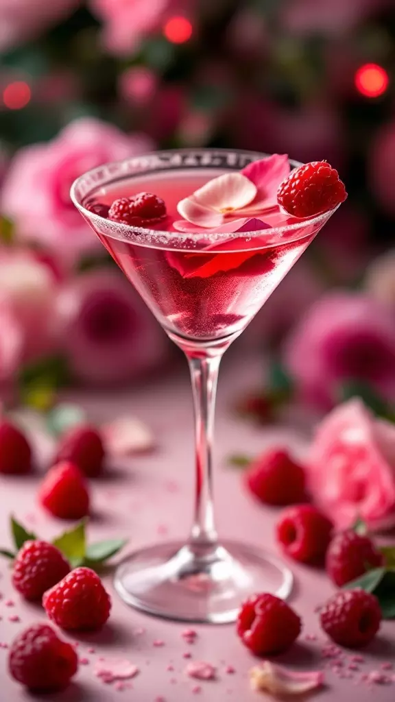 A beautifully crafted Raspberry Rose Martini with raspberries and rose petals, surrounded by more raspberries and pink roses.