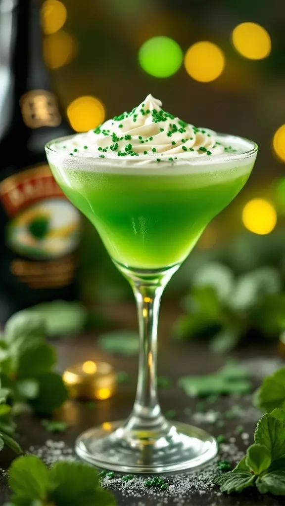 The Shamrock Martini is a fun and festive drink perfect for St. Patrick's Day. This vibrant green cocktail combines sweet and creamy flavors, making it a crowd-pleaser. Garnish with whipped cream and green sprinkles for an extra touch of celebration!