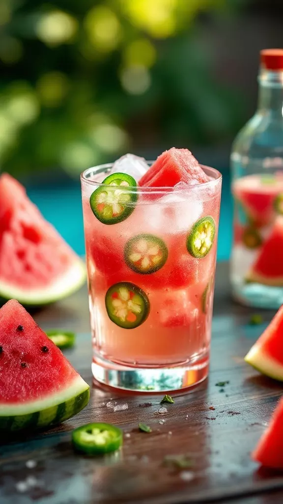 A refreshing spicy watermelon vodka cooler with slices of jalapeño and watermelon.