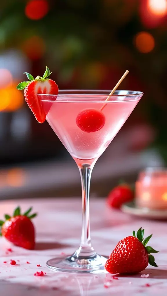 A Strawberry Lychee Martini garnished with a strawberry and a cherry.