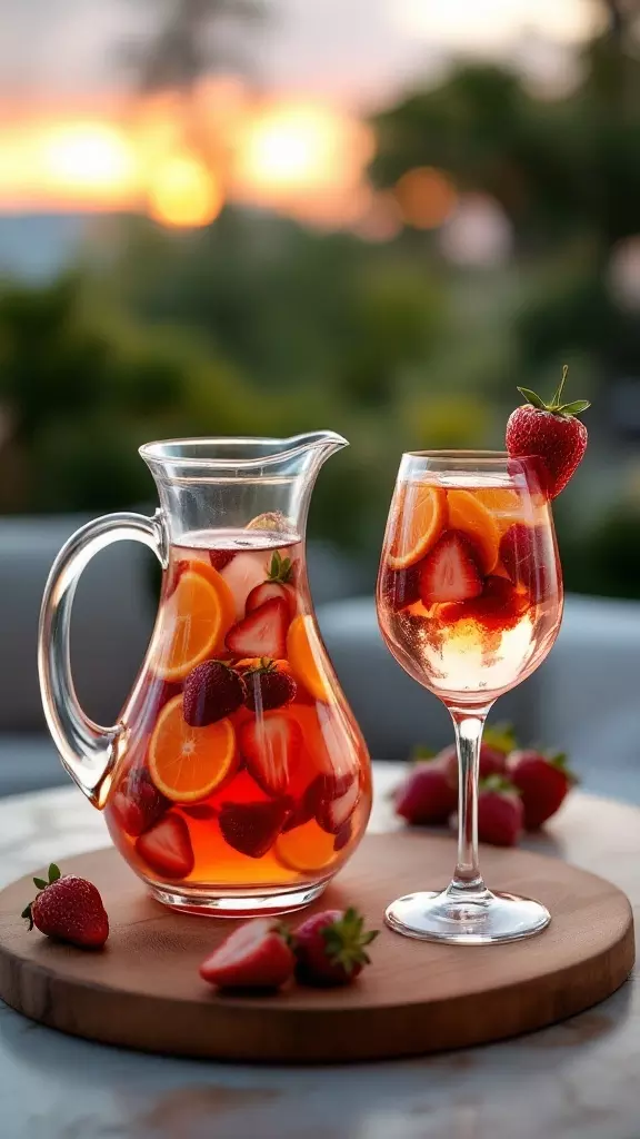 🍓 Strawberry Rosé Sangria 🍷
Light, fruity, and bursting with summer flavors! This sangria blends fresh strawberries, citrus, and crisp rosé for a drink that’s almost too pretty to drink. Almost. 😉