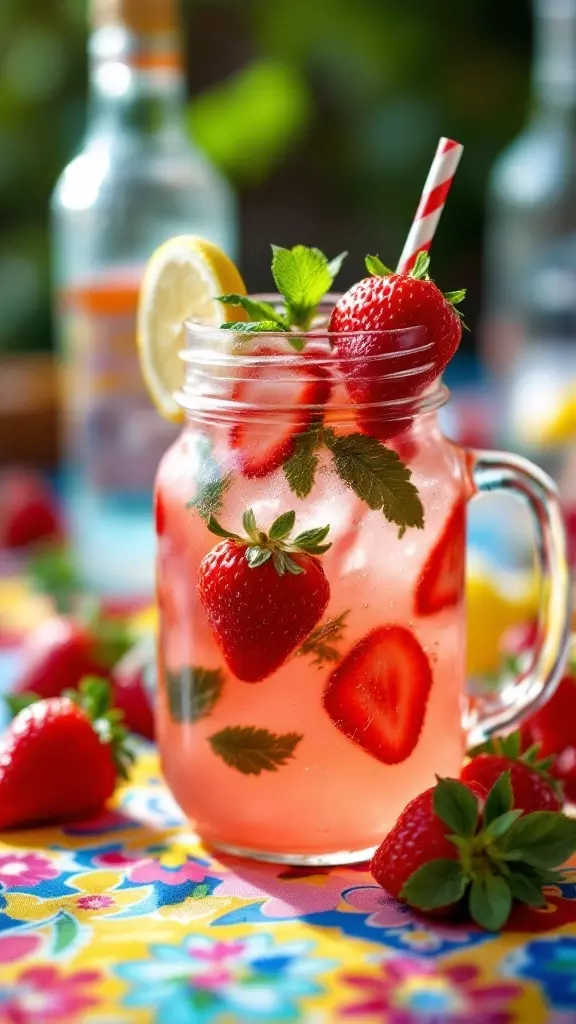 A refreshing glass of Strawberry Vodka Lemonade garnished with strawberries and mint.