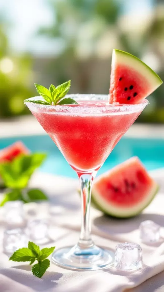 A refreshing Watermelon Mint Martini garnished with mint leaves and a slice of watermelon.